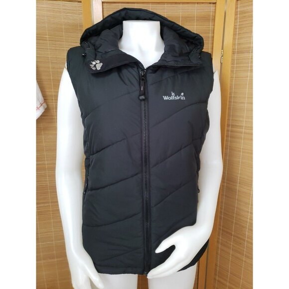 Jack Wolfskin Puffer Vest Womens L Black Hooded Sleeveless Jacket Microguard - Picture 2 of 15